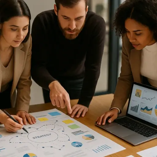 Profesionales colaborando en la creación de un plan estratégico con gráficos y notas sobre una mesa, representando las estrategias personalizadas y especializadas de Ferova Agency para cada Ecommerce.