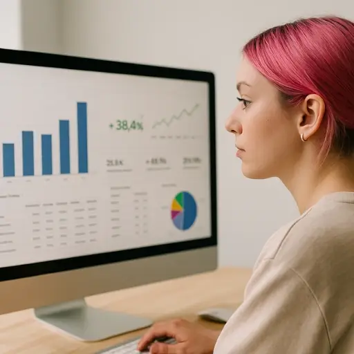 Mujer analista de cabello rosado revisando en su computadora gráficos de crecimiento y métricas claras, representando los resultados medibles y transparentes que ofrece Ferova Agency.
