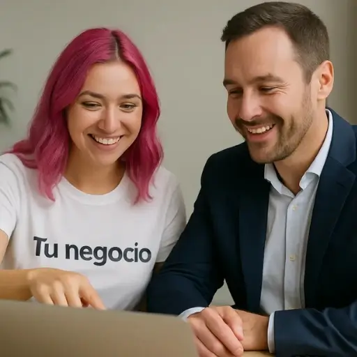 Mujer con cabello rosado y camiseta con el texto ‘Tu negocio’ trabajando junto a un hombre de traje frente a un portátil, representando la alianza estratégica y la colaboración cercana que ofrece Ferova Agency.