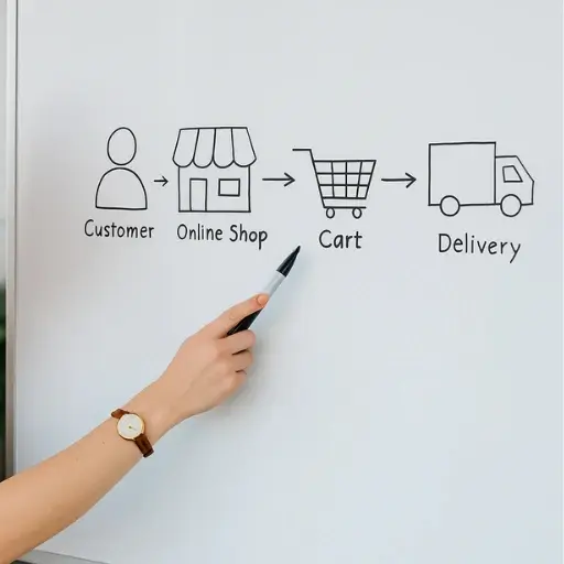 Mujer con cabello rosado señalando un mapa de recorrido del cliente en una pizarra con iconos de tienda online, carrito y entrega, representando el análisis del Customer Journey en Ferova Agency.