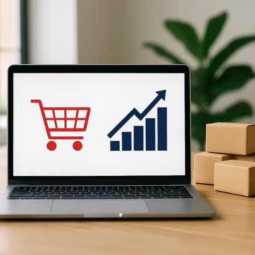 Portátil mostrando un carrito de compras digital junto a un gráfico de barras ascendentes y cajas de envío, representando el enfoque en aumentar ventas en Ecommerce de Ferova Agency.