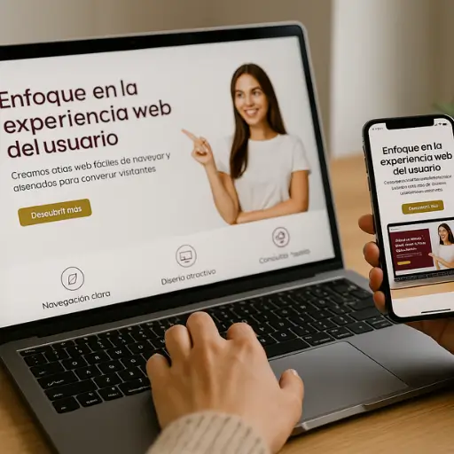 Persona navegando un sitio web en un portátil y en un celular al mismo tiempo, mostrando un diseño adaptado y fácil de usar, representando el enfoque de Ferova Agency en la experiencia web del usuario.